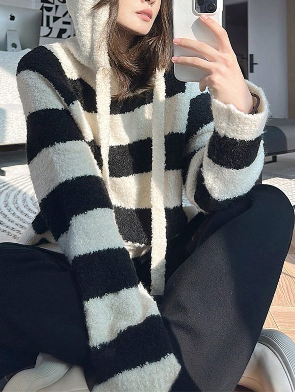 Women's Hooded Black & White Striped Knitted Pullover Sweater - Image 2