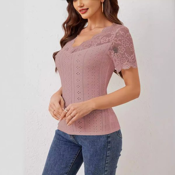 Fan-Shaped Front & Back V-Neck Lace Stitching Slim Fit T-Shirt for Women - Image 3