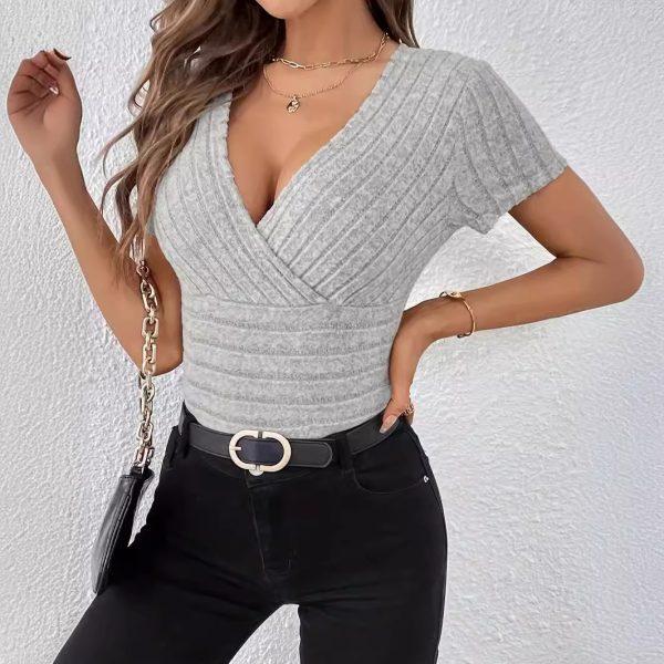 Women’s Summer Cross V-Neck Short Sleeve Striped Knitted T-shirt