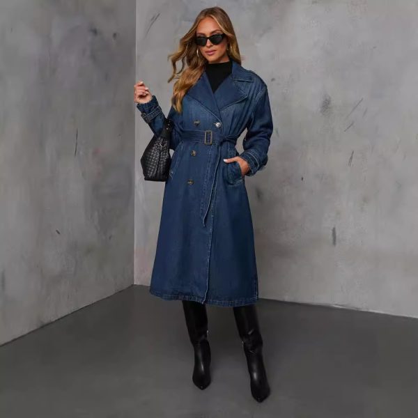 Women's Retro Denim Wide Windbreaker Coat with Belt - Image 2