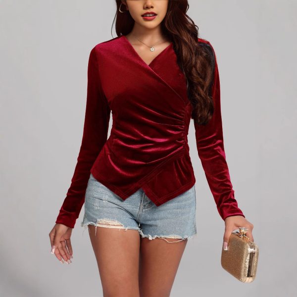 Long Sleeve Asymmetric V-Neck Waist-Controlled Sexy Top for Women