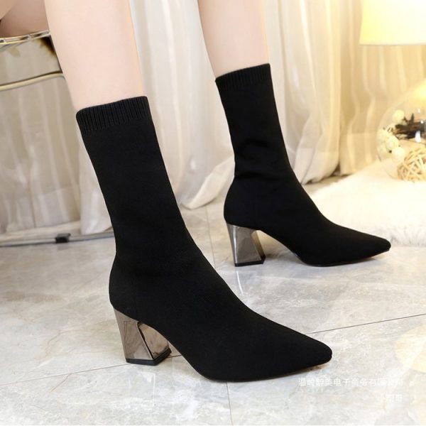 Fleece Breathable Ankle Boots with Pointed Chunky Heel - Image 4