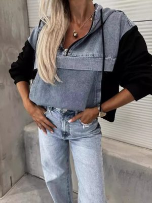 Women’s Loose-Fit Denim Stitching Hooded Sweater