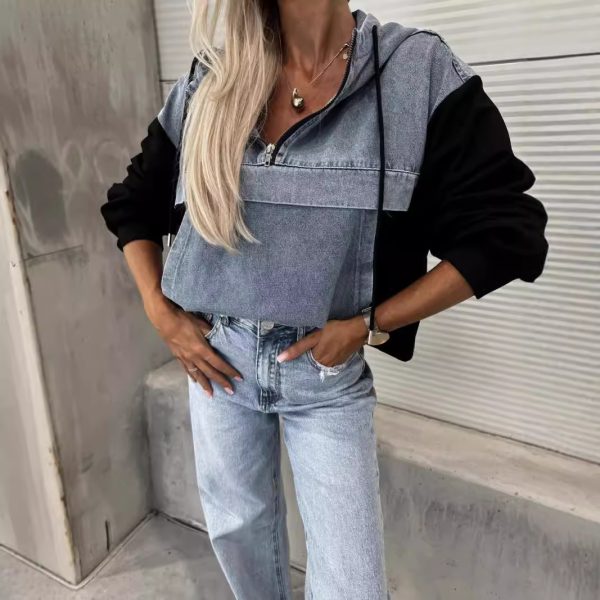 Women's Loose-Fit Denim Stitching Hooded Sweater