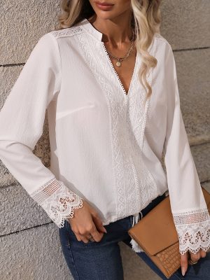 Elegant Lace V-Neck Long Sleeve Top with Ribbon Detail