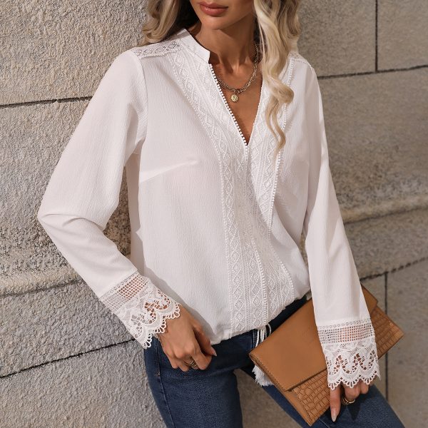 Elegant Lace V-Neck Long Sleeve Top with Ribbon Detail