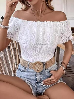 Slim Fit Off-Shoulder Ruffled Lace Short Sleeve Top for Women