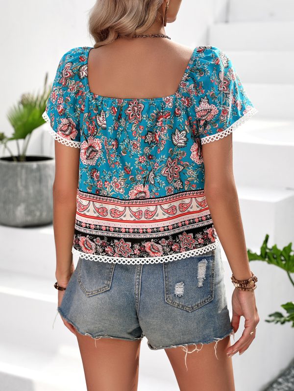 Casual Summer Printed Square Collar Short Sleeve Top - Image 2