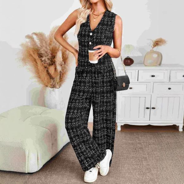 Women's Knitted Plaid Vest and Wide-Leg Trousers Office Set - Image 3