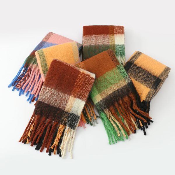 Women’s Rainbow Plaid Cashmere-like Mohair Scarf, Thickened Tassel Shawl - Image 2