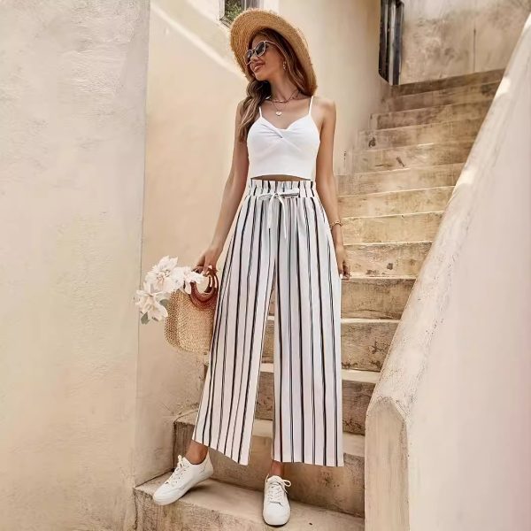 Summer Women High Waist Striped Wide Leg Pants Casual Loose Slimming - Image 4