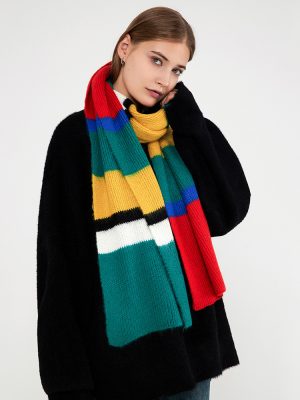 Women’s Contrast Color Knitted Scarf – Winter Korean Patchwork Stripes