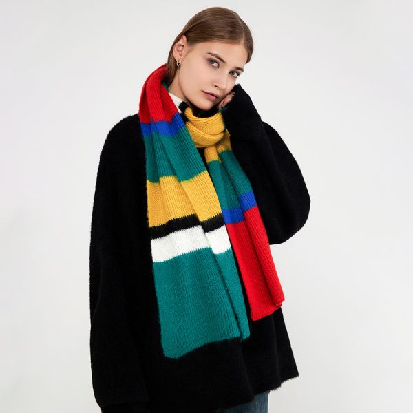 Women’s Contrast Color Knitted Scarf - Winter Korean Patchwork Stripes