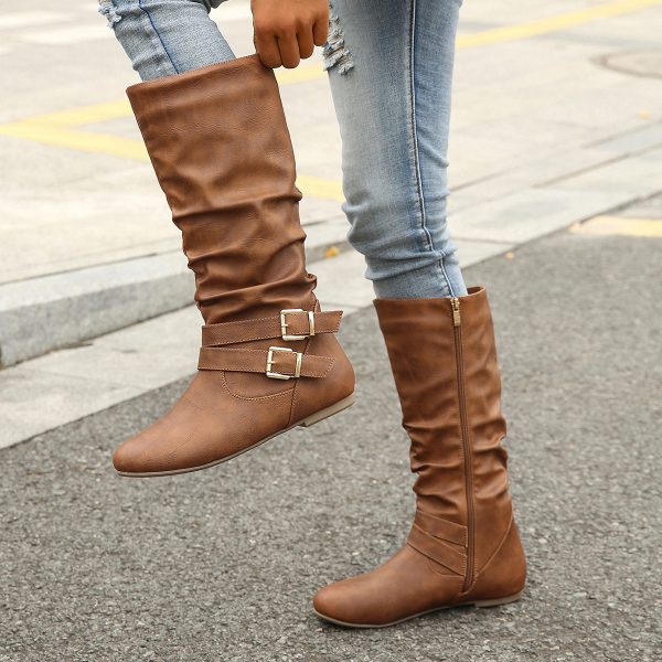 Women’s Pleated Brown Faux Leather Side Zipper Boots with Belt Buckles - Image 3