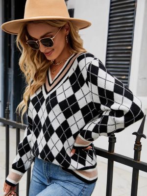 Autumn Winter V-Neck Casual Plaid Pullover Sweater for Women