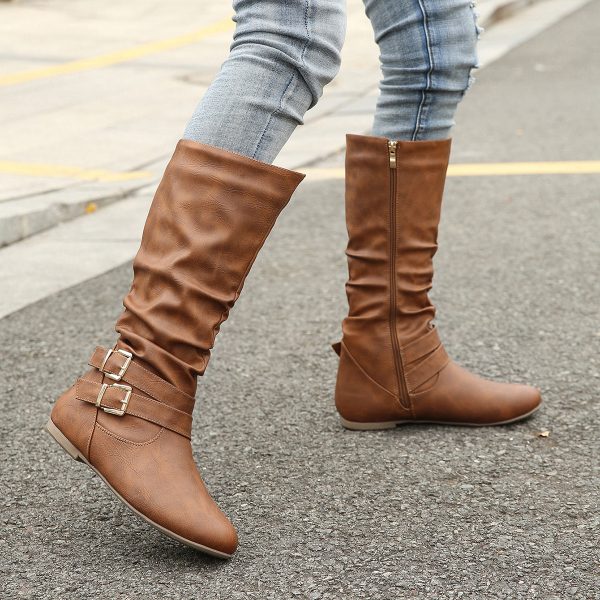 Women’s Pleated Brown Faux Leather Side Zipper Boots with Belt Buckles