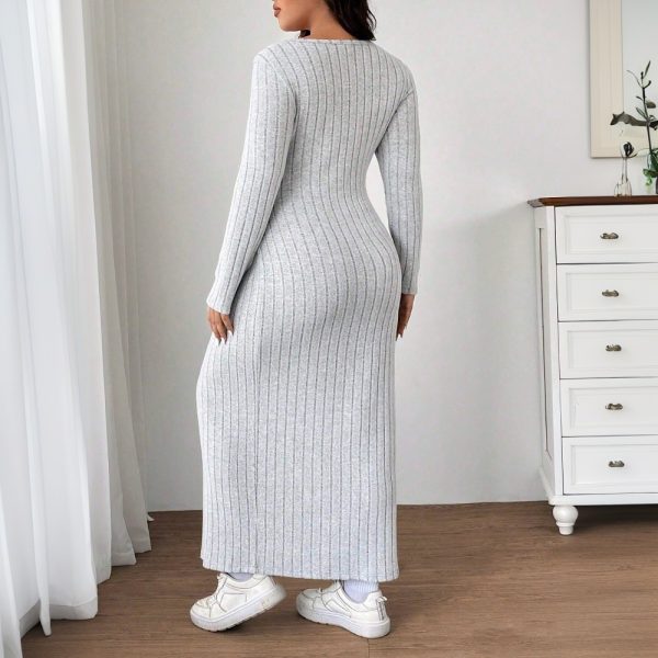 Plus Size Women’s Slim Fit Slit Midi Dress for Autumn Winter - Image 2