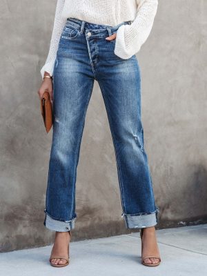 Women’s Urban Casual Washed-Out Straight-Leg Denim Trousers