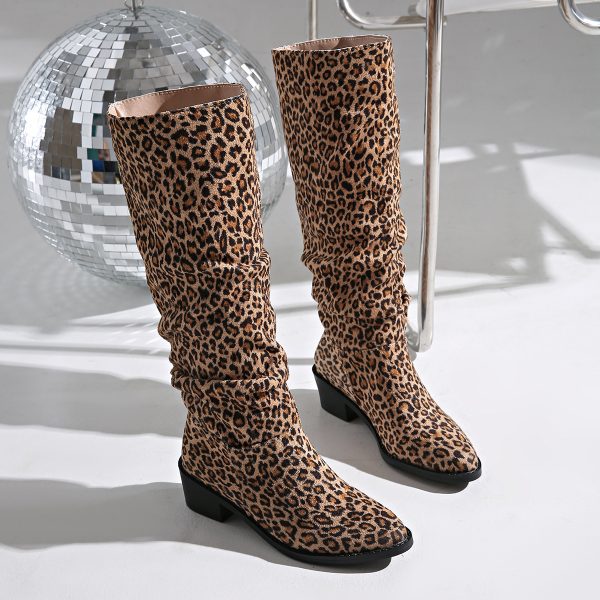 Leopard Print Round Toe Square Heel Denim Long Boots - Image 3