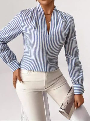 Women’s Autumn Winter Striped V-Neck Long Sleeve Shirt