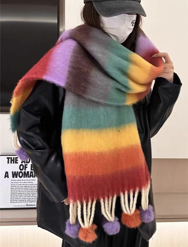 Girls' Fur Ball Mohair Scarf - Rainbow Striped Fringe Shawl - Image 2