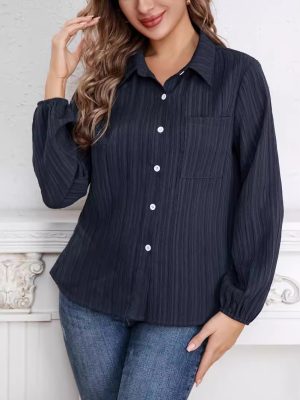 Women’s Blue Striped Polo Collar Loose Slimming Autumn Shirt