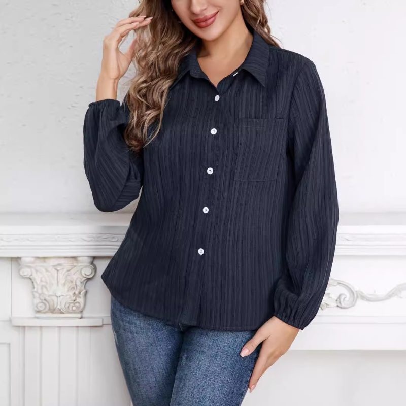 Women’s Blue Striped Polo Collar Loose Slimming Autumn Shirt