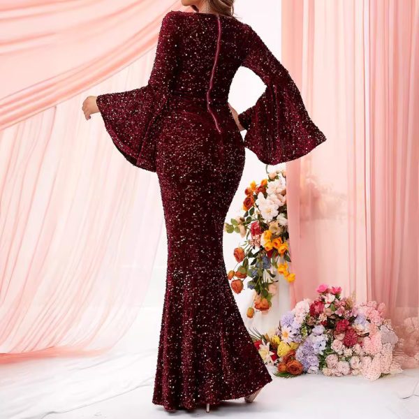 Sexy Square Neck Bell Sleeve Burgundy Dinner Dress - Image 4