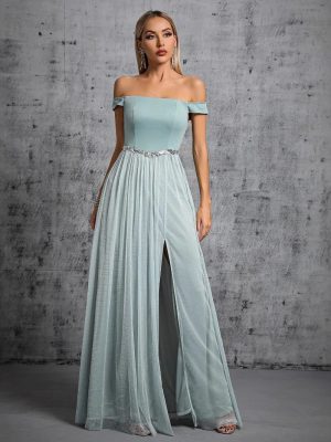 Off-Shoulder Slit Prom Evening Dress – Slim Fit Elegant Gown for Women