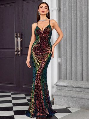 Women’s V-Neck Fishtail Evening Dress – Elegant Formal Gown