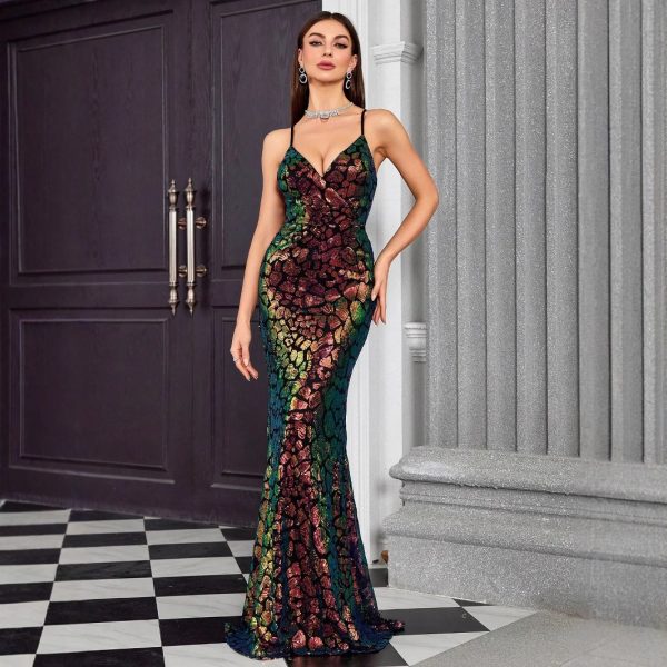 Women’s V-Neck Fishtail Evening Dress - Elegant Formal Gown