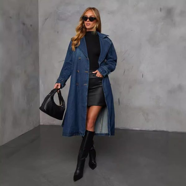 Women's Retro Denim Wide Windbreaker Coat with Belt