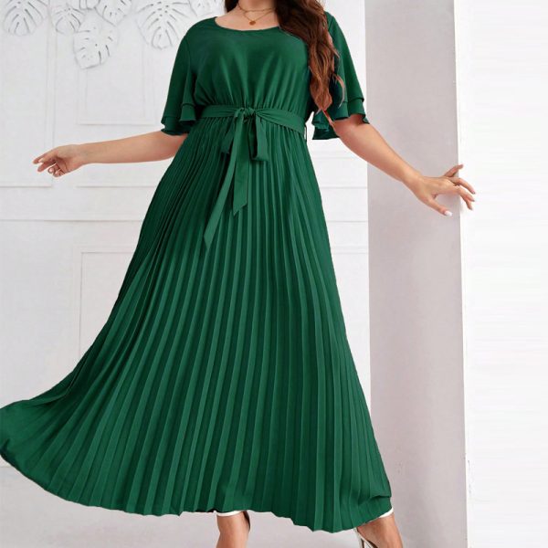 Plus Size Summer Square Collar Lace-Up Swing Pleated Dress - Image 3