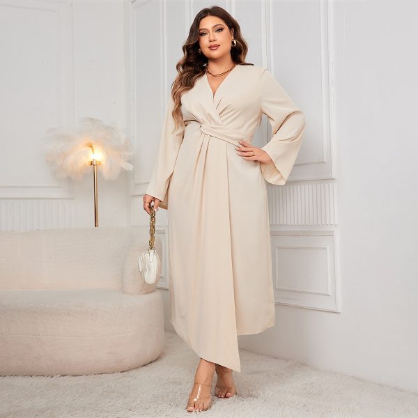 Plus Size Long Sleeve Slim Dress with Waist Control and Asymmetric Cut