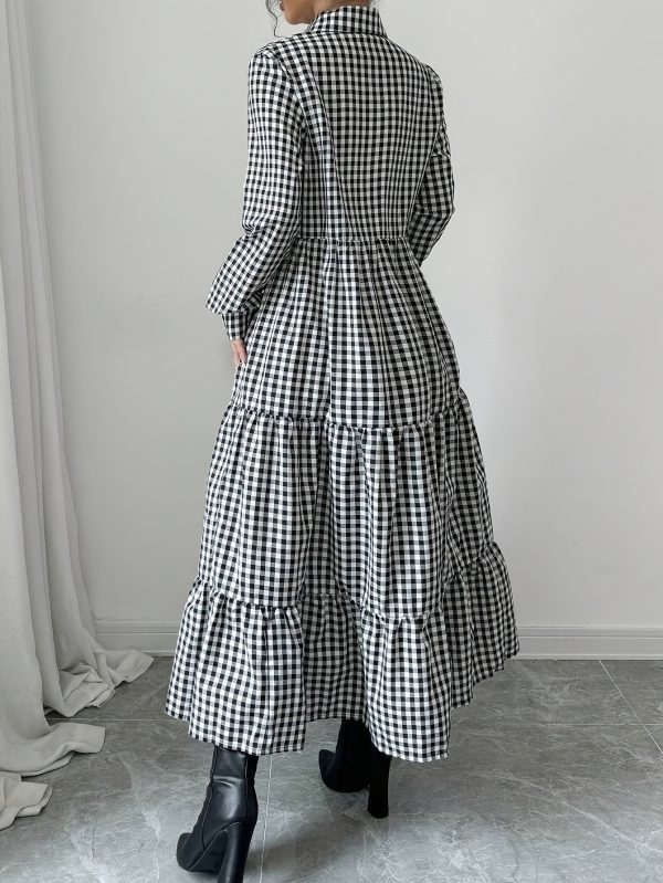 Spring Summer Plaid Shirt Dress with Collared Long Sleeves - Image 2