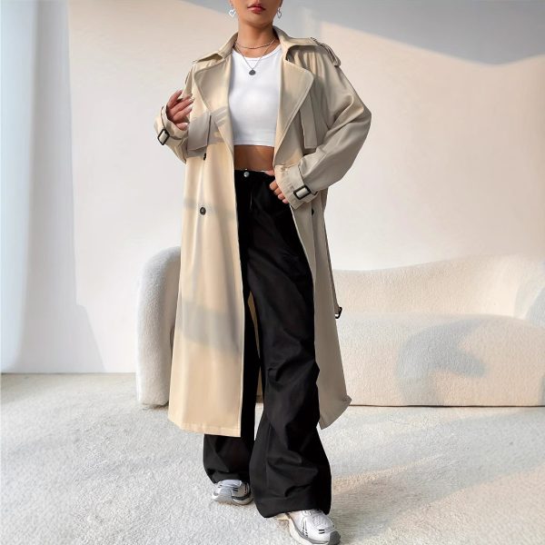 Elegant Women’s Double-Breasted Solid Color Trench Coat with Belt