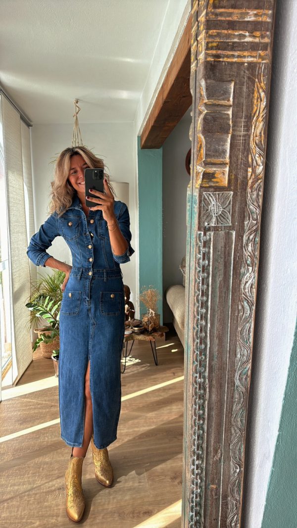 Women’s Casual Multi-Button Long Sleeve Denim Mid-Length Dress - Image 3