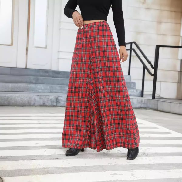 Women Lazy Plaid Drape Casual Loose Wide Leg Pants