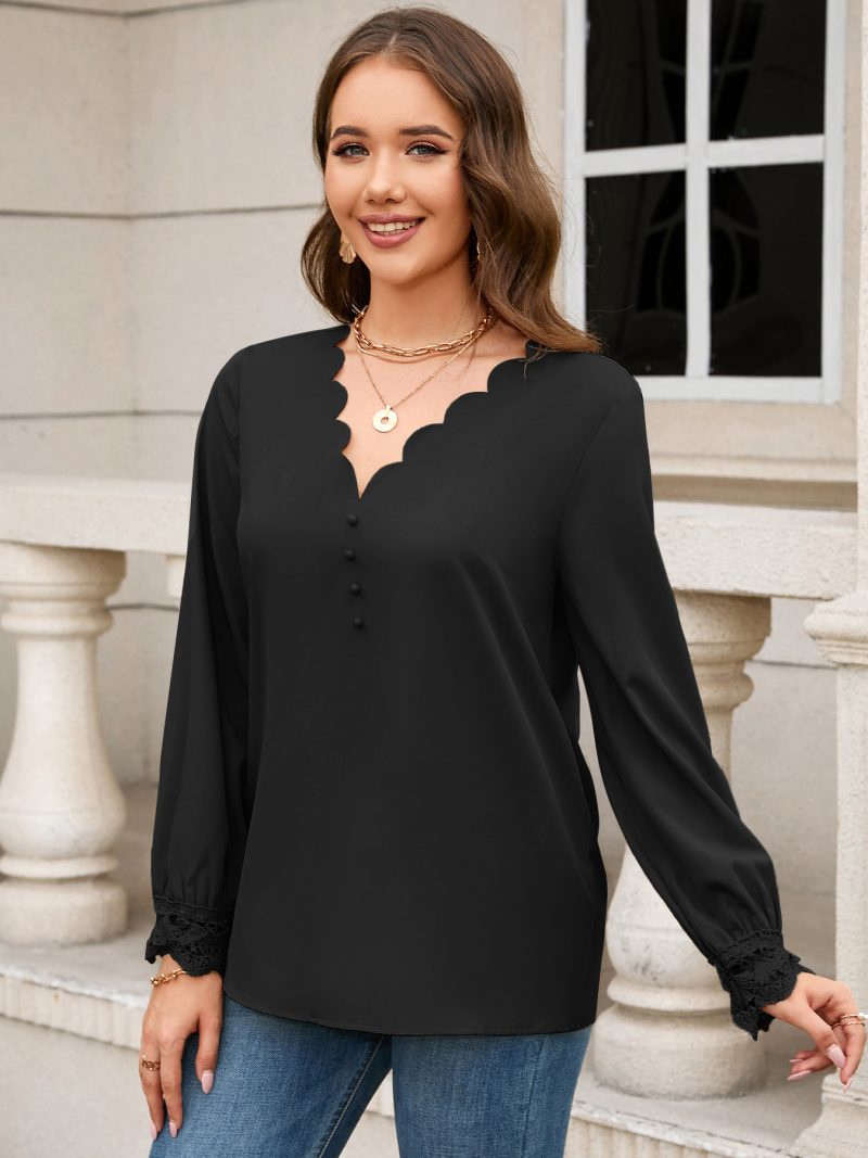 Women’s Burnt Floral V-Neck Loose Long Sleeve Office Shirt Top - Image 2