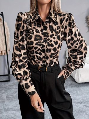 Leopard Print Collared Long Sleeve Casual Shirt Top