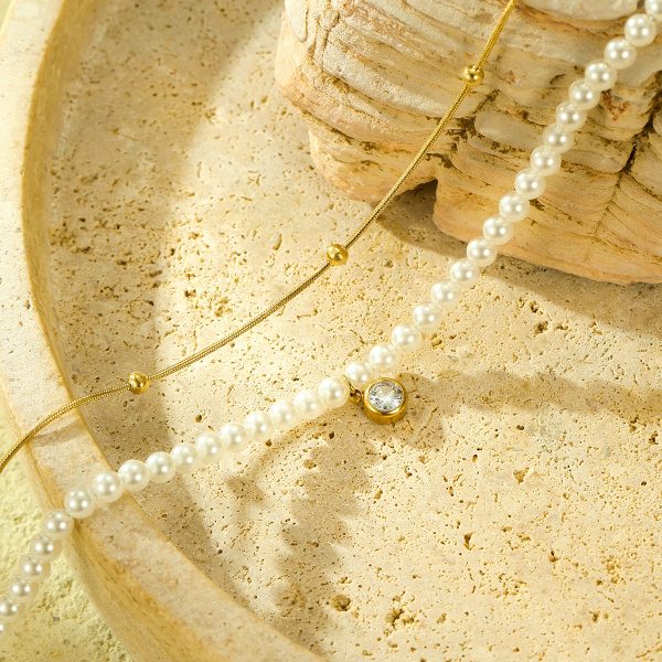 Pearl Double Chain Zircon Titanium Steel Clavicle Necklace - Image 3