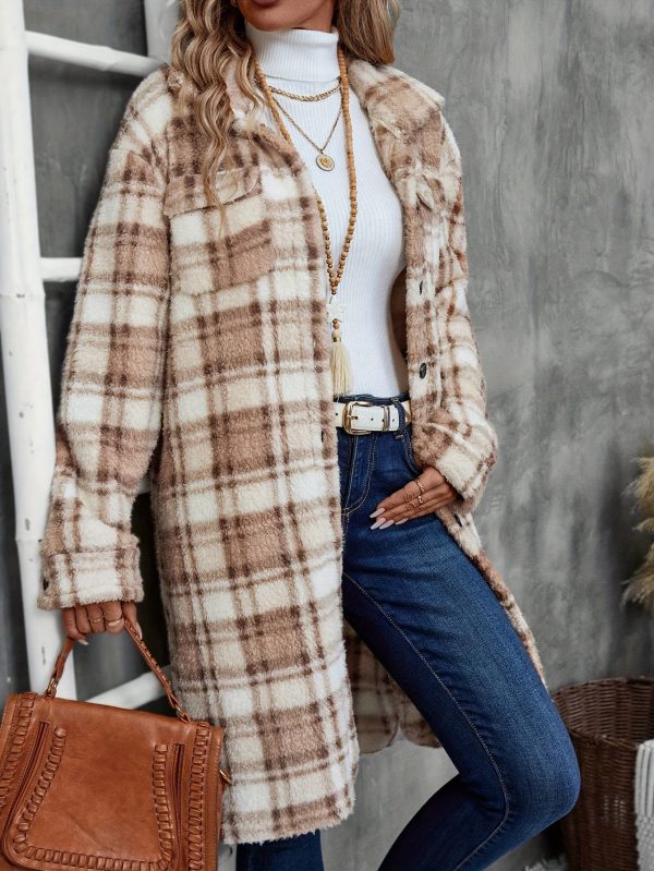 Fall & Winter Printed Plaid Long Double-Sided Plush Cardigan Coat for Women - Image 2