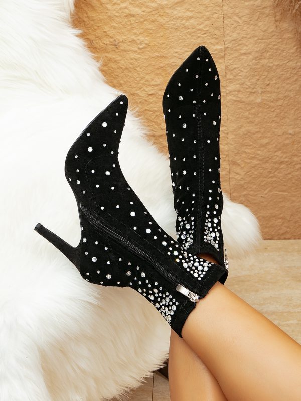 Women’s Black Suede Rhinestone Stiletto Mid-Calf Sock Boots - Image 3