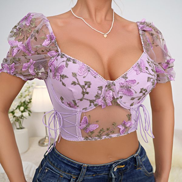 Women's Bubble Sleeve Floral Lace Crop Top with Drawstring