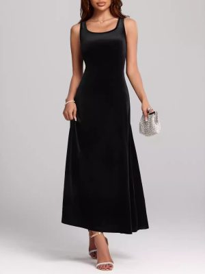 Autumn Winter Mid-Length Sleeveless Little Black Velvet Dress