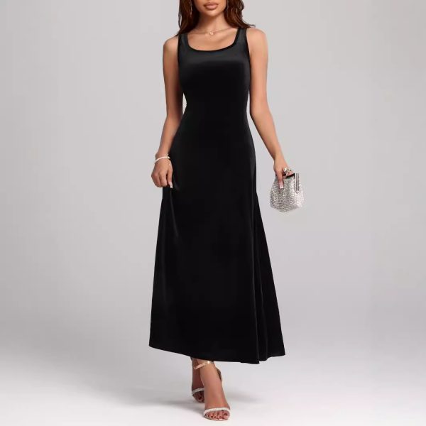 Autumn Winter Mid-Length Sleeveless Little Black Velvet Dress