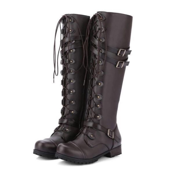 Women's Tall Leather Boots with Buckle and Rivets - Image 2