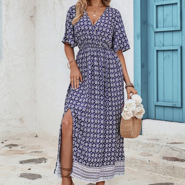 Bohemian Floral V-Neck Short Sleeve Summer Dress - Image 3