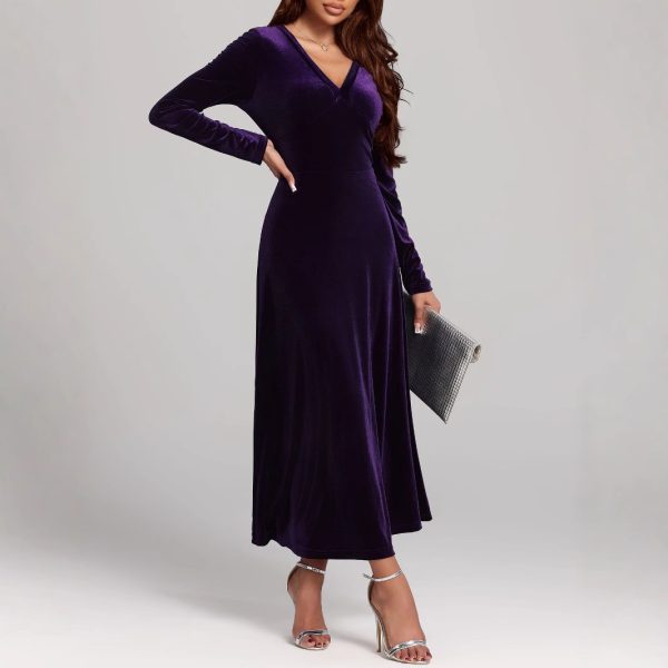 Autumn Winter V-Neck Long Sleeve Pleuche Evening Dress - Image 3