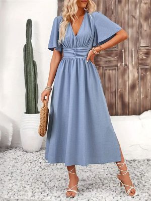 Women’s Ruffle Sleeve High Slit Maxi Dress – Summer Chic